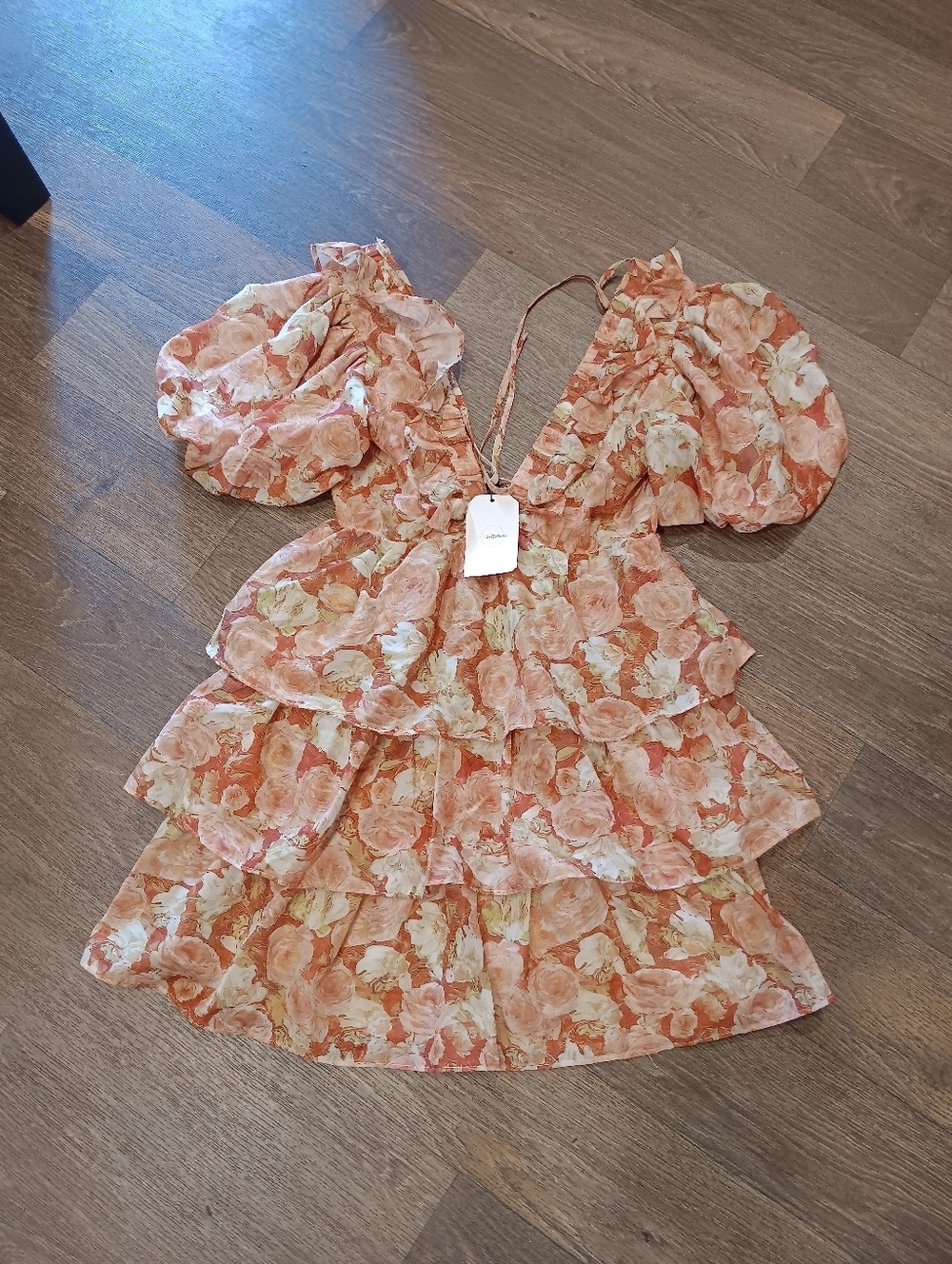 Storia Peach Pink Floral Tiered Mini Dress